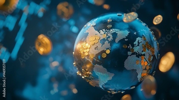 Fototapeta A metallic globe with golden coins orbiting, glowing against a dark blue digital stock market display. Centered composition, vibrant and futuristic. 