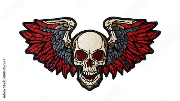 Fototapeta embroidered skull with wings and red feathers isolated png transparent cutout