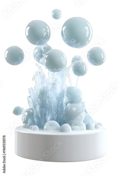 Fototapeta abstract splash of glossy blue spheres bursting upward on a white round pedestal base isolated png transparent cutout