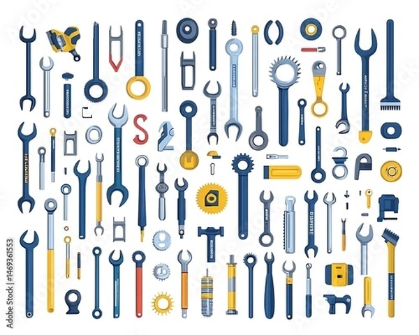 Fototapeta Colorful assortment of various tools and wrenches displayed.