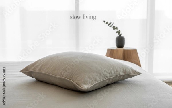 Obraz Beige Linen Pillow On Matching Bedding With Eucalyptus Decor And Slow Living Message Serene Minimalist Lifestyle