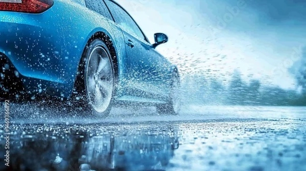 Fototapeta Dynamic motion of a blue car splashing through rain-soaked pavement at high speeds