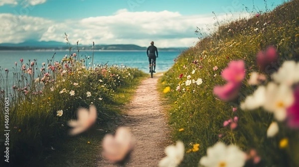 Fototapeta Biker riding along a flower-lined coastal path under a cloudy sky