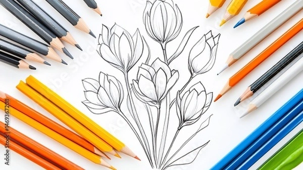 Obraz Floral Sketch with Vibrant Pencils: A Creative Art Project in Progress