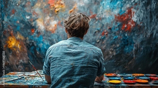 Obraz Contemplation and Creativity: Artist Gazing at Abstract Multicolor Painting