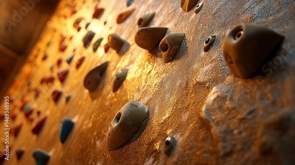 Fototapeta Captivating close-up view of a challenging indoor climbing wall, textured holds