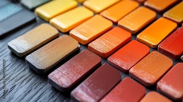 Obraz Close-up of colorful wooden blocks with diverse textures and shades on dark wood