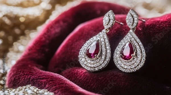 Obraz Exquisite ruby earrings sparkling against luxurious velvet background, jewelry art