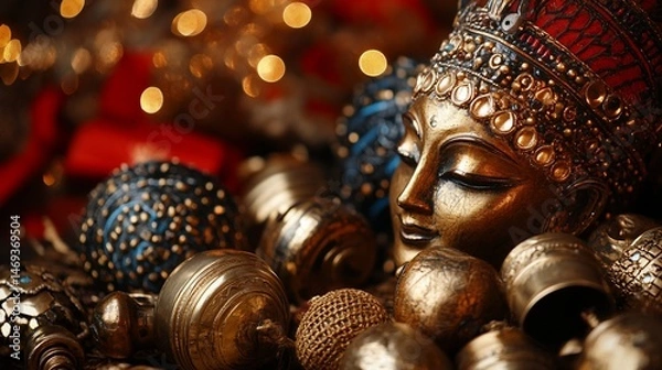 Fototapeta Enigmatic buddha statue amidst intricate golden adornments and festive bokeh