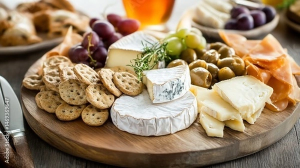Fototapeta Elevated cheese board assortment with brie, olives, and gourmet crackers display