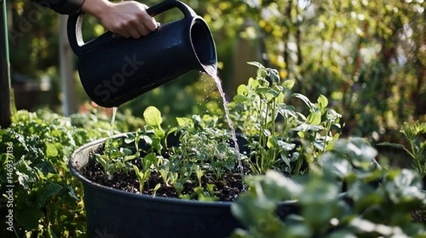 Fototapeta Nurturing Growth: Hand Watering Seedlings in a Pot with Watering Can