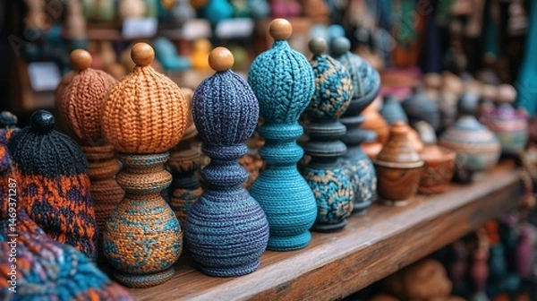 Obraz Colorful Artisan Knitted Finials and Decorative Home Accessories Display