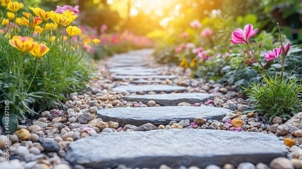 Obraz Serene Garden Path: Stone Walkway Amidst Blooming Flowers