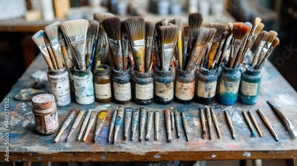 Fototapeta Artistic brushes in jars, colorful artist's workspace, painting tools arrangement