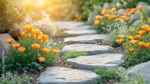 Obraz Sunlit Garden Path with Blooming Orange Poppies