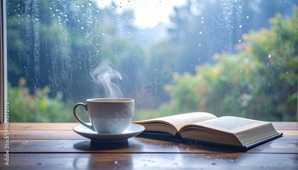 Fototapeta Custom AI Model 雨の日 窓辺 雨粒 しずく 木製窓 木枠 自然光 コーヒー ホットドリンク 湯気 テーブル 木製テーブル 本 読書 開いた本 リラックス 癒し ナチュラル 静かな時間 落ち着き 書斎 森林 緑 インテリア カフェ風 雨音 自然 ぬくもり 曇り空 屋内 ヒュッゲ のんびり 雨の午後 ピースフル ウッディ ナチュラルライフ シンプル コージー 雨景色 レインドロップ