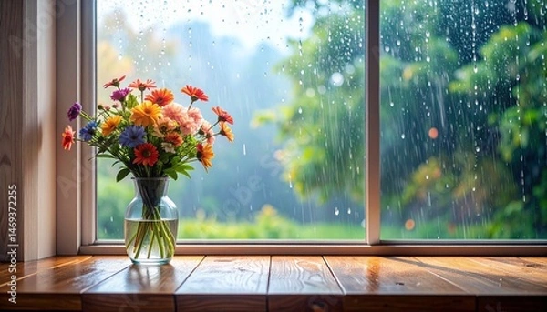 Fototapeta Custom AI Model 雨の日 窓辺 雨粒 しずく ガラス 緑の風景 自然 癒し 静けさ しっとり 花瓶 室内 インテリア ケーキ デザート テーブル カフェ風 ナチュラル シンプル 清潔感 落ち着き 梅雨 しとしと リラックス 木漏れ日 曇り空 曇りの日 やさしい光 スイーツ 窓 観葉植物 雨 雨模様 小さな幸せ ナチュラルライフ おうち時間 雨景色 