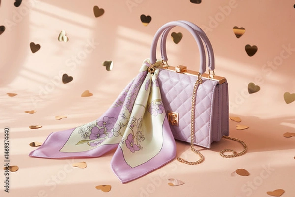 Obraz Charming Lilac Quilted Handbag Adorned With Floral Scarf Amidst Golden Heart Confetti A Fashion Still Life