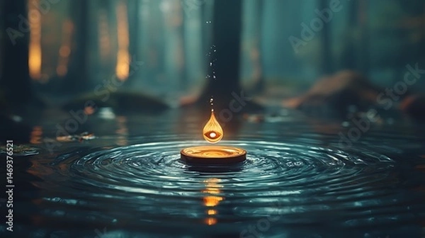 Fototapeta A single flame floats on water in a misty forest