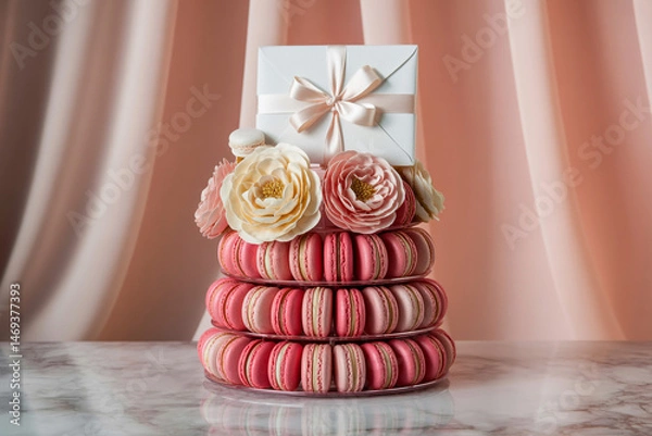 Obraz Exquisite Macaron Tower With Roses And Gift Box Pink And White Pastel Colors For Festive Celebration