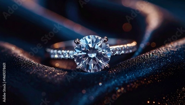 Obraz A brilliant solitaire diamond ring its facets ablaze nestled on dark shimmering blue fabric