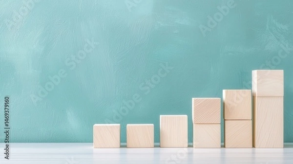 Fototapeta Growth Chart Made of Wooden Blocks Against Turquoise Background chart turquoise progress development
