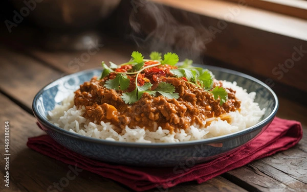 Obraz Delicious Chicken Curry Served Over Steaming Rice With Fresh Cilantro And Peppers In Artistic Bowl