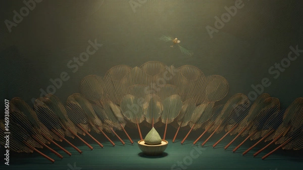 Obraz Traditional Fan and Zongzi Still Life Combination