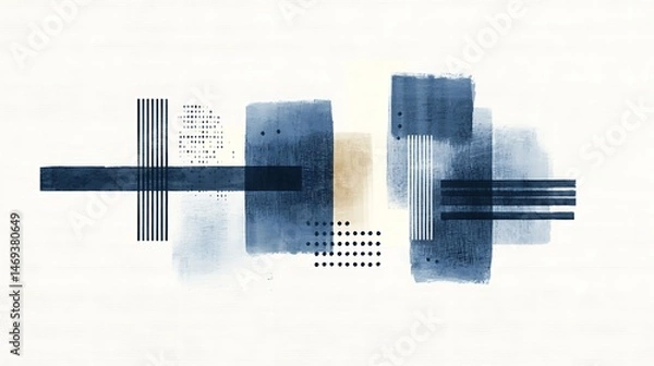 Fototapeta Abstract art composition featuring muted blue and beige shapes, layered with ink-like washes and geometric lines