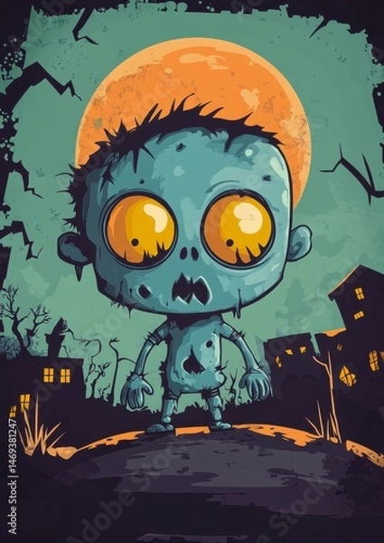 Fototapeta Cute Cartoon Zombie Character Under Full Moon in Spooky Landscape