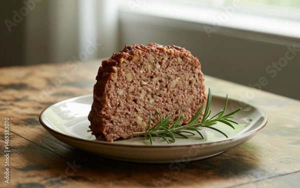 Obraz Slice Of Homemade Meatloaf Garnished With Rosemary On A Plate In Natural Light