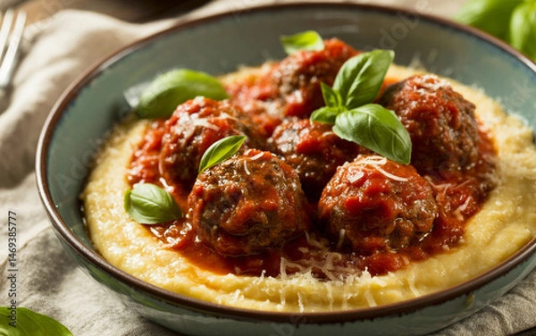Obraz Delicious Homemade Italian Meatballs With Polenta Topped With Fresh Basil And Parmesan Cheese Garnishing