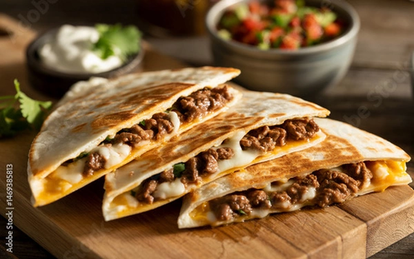 Obraz Stacked Beef Quesadillas With Melted Cheese Accompanied By Sour Cream And Salsa On Wooden Cutting Board Presented With Warm Lighting
