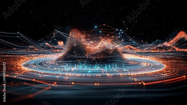 Fototapeta Abstract data visualization, swirling patterns, interconnected data points, futuristic landscape