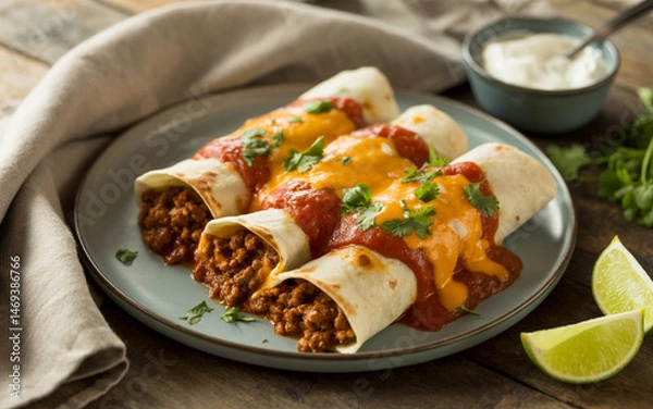 Obraz Homemade Beef Enchiladas With Cheese And Tomato Sauce Traditional Mexican Cuisine Delicious Food Photography