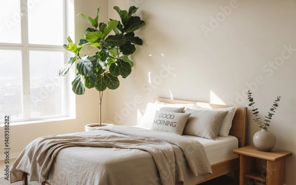 Obraz Minimalist Bedroom Interior With Fiddle Leaf Fig Plant And Good Morning Pillow Creates Calm Oasis