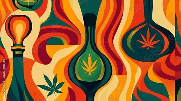 Fototapeta Psychedelic cannabis themed seamless pattern design with vibrant colors