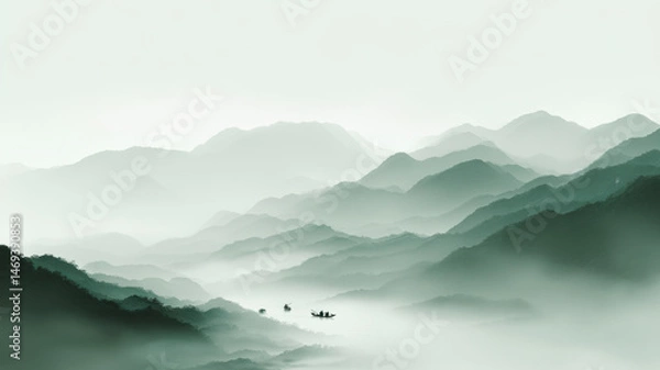 Obraz Boating in the mist between mountains and rivers