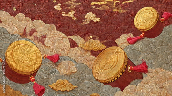 Obraz Chinese Cloud Pattern Golden Drum Chinese Style Illustration