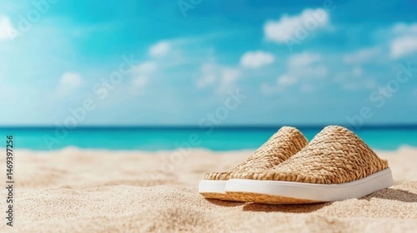 Fototapeta A pair of trendy, woven slippers displayed on a beautiful sandy beach, encapsulating the essence of stylish comfort and the joy of leisurely afternoons spent by the seaside.