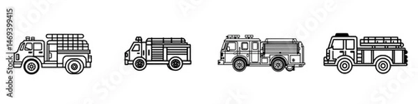 Fototapeta Varied collection of vector illustration icons of fire trucks in different designs and styles