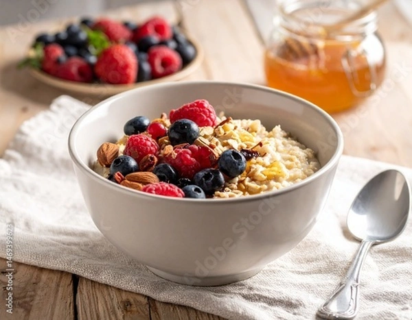 Fototapeta Close-Up of a Bowl of Oatmeal with Fresh Raspberries, Blueberries, and Almond Slices