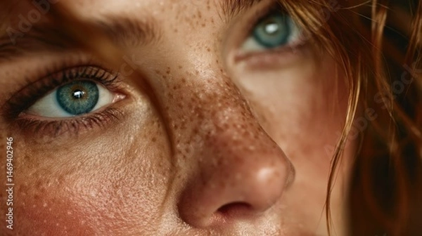 Obraz Cinematic closeup of freckled woman no makeup studio portrait intimate beauty expression