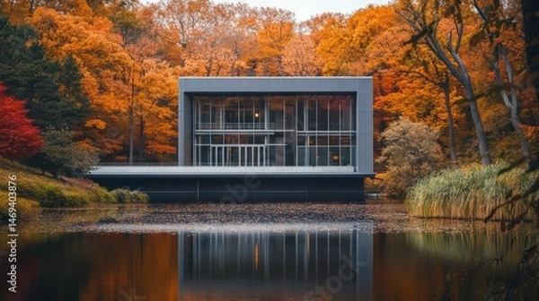Fototapeta Modern architecture amidst autumn scenery and reflection in water surface