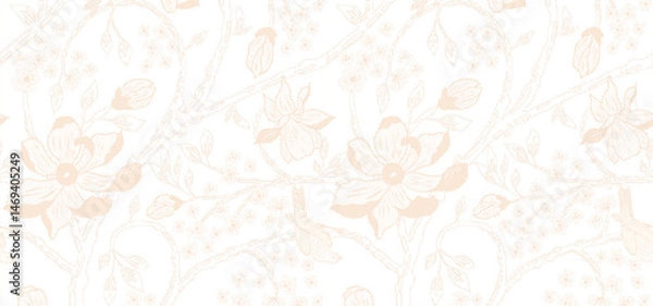 Fototapeta Delicate beige floral illustration on a soft white background with fine dotted texture and flowing vine design.