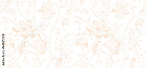 Fototapeta Delicate beige floral illustration on a soft white background with fine dotted texture and flowing vine design.