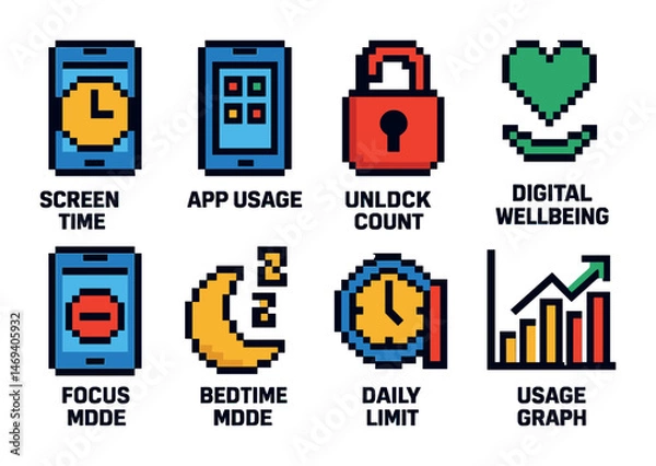 Fototapeta Digital wellbeing pixel art icons set – screen time, app usage, focus mode