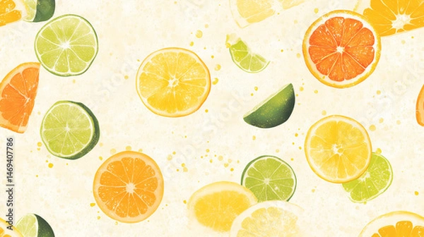Fototapeta Retro styled seamless pattern with lemon, lime, and orange slices for summer design