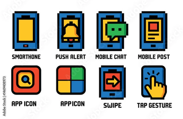 Fototapeta Mobile interface icon set – pixel art, apps, communication tools