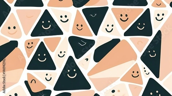 Fototapeta Abstract Cute Triangle Pattern with Smiling Faces – Playful Geometric Seamless Background in Soft Beige and Black Tones for Kids, Nursery Decor, Wall Art, Wrapping Paper, or Digital Design Projects